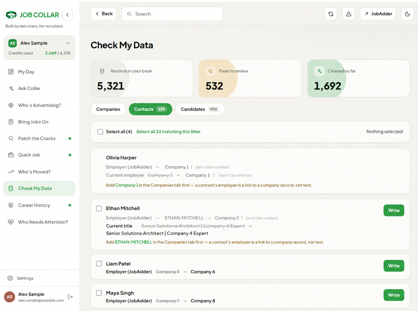 Job Collar data quality interface