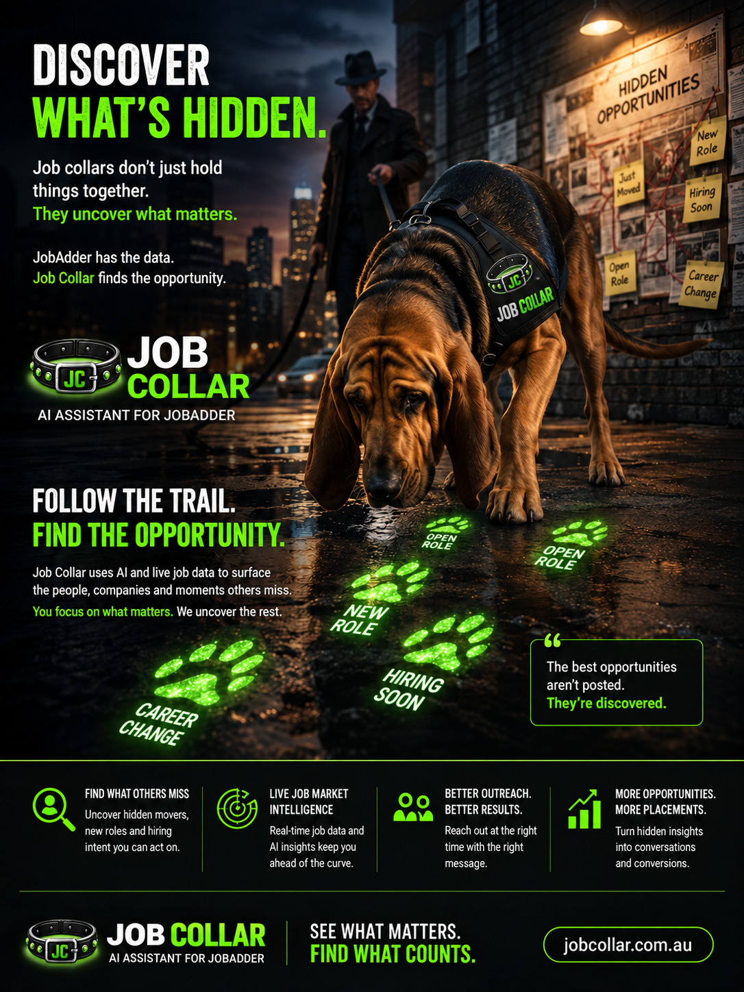 Job Collar Bloodhound following a neon green trail of hidden recruitment opportunities