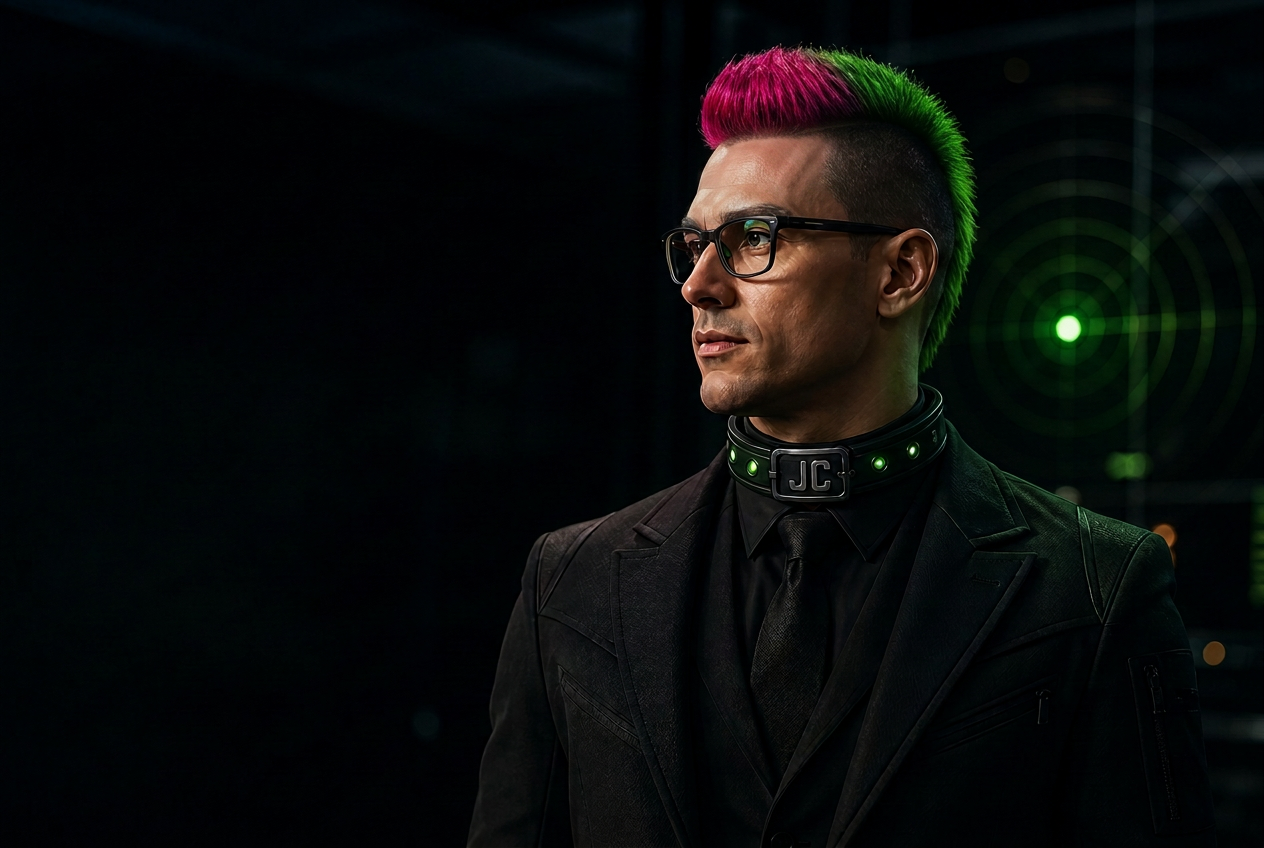 Job Collar brand character wearing the illuminated black JC collar
