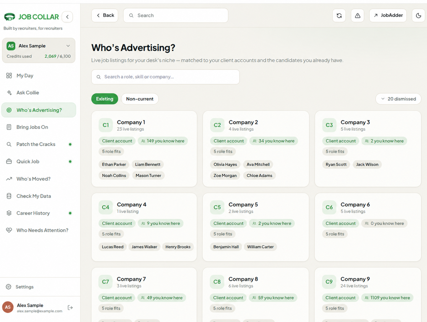 Job Collar interface connected to JobAdder workflows